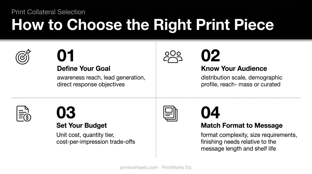 Four-factor print collateral selection decision framework with goal audience distribution and budget criteria