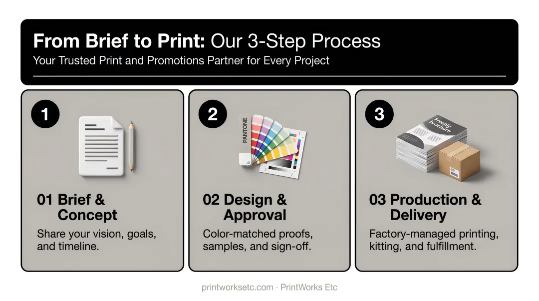 Three-step print design and production process flow from brief to printing