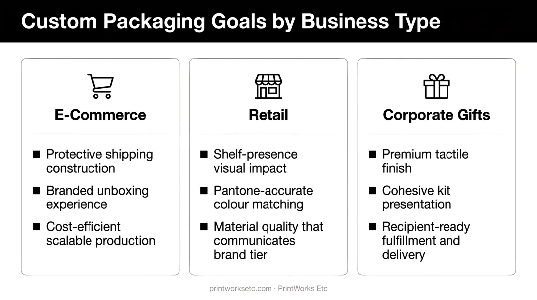 Three custom packaging goals by business type e-commerce retail corporate gifts
