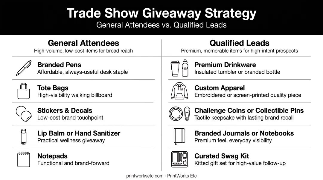 Tiered trade show giveaway strategy comparing general versus qualified lead items