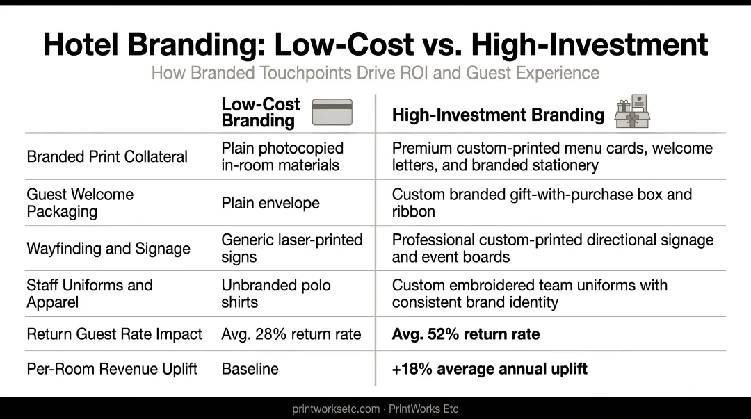 Low-cost versus high-cost hotel branding ROI and guest experience comparison chart