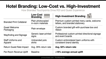 Low-cost versus high-cost hotel branding ROI and guest experience comparison chart
