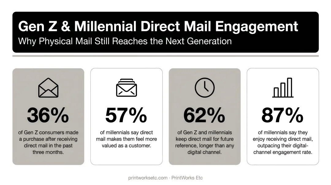 Gen Z and millennial direct mail engagement statistics four-stat comparison infographic