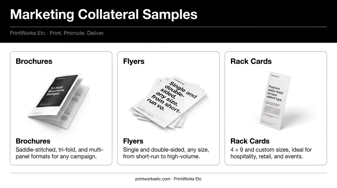 PrintWorks Etc marketing collateral samples including brochures flyers and rack cards