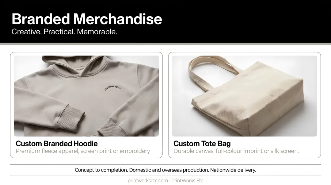 Collection of creative and practical branded merchandise like a hoodie and tote bag