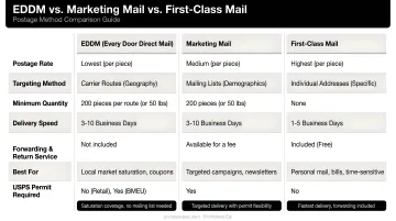 EDDM versus Marketing Mail versus First-Class postage method comparison infographic