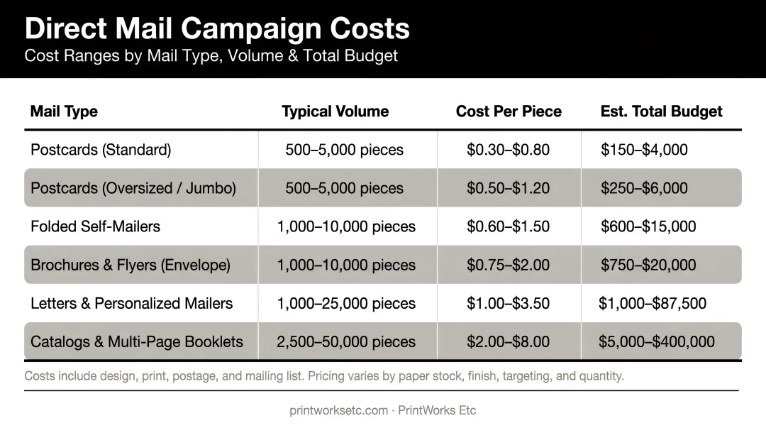 Direct mail campaign cost ranges by type volume and total budget infographic