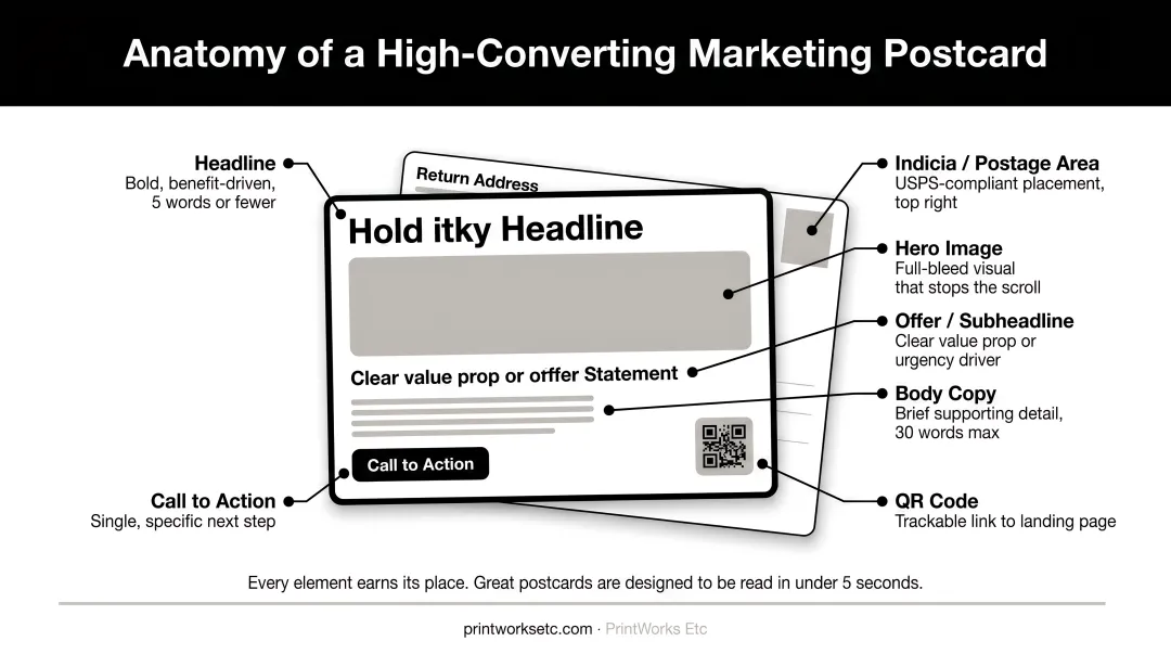 Anatomy of a high-converting marketing postcard with key design elements labeled