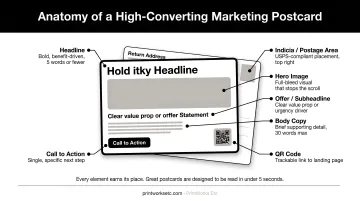 Anatomy of a high-converting marketing postcard with key design elements labeled