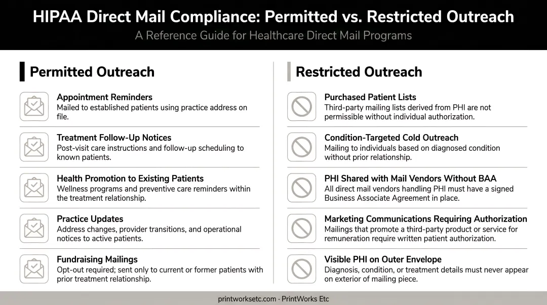 HIPAA direct mail compliance boundary two-column permitted versus restricted outreach infographic