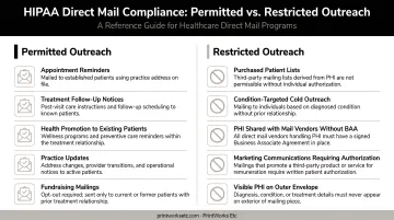 HIPAA direct mail compliance boundary two-column permitted versus restricted outreach infographic