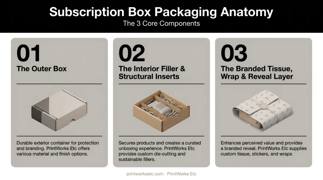 Infographic detailing the three core components of subscription box packaging anatomy