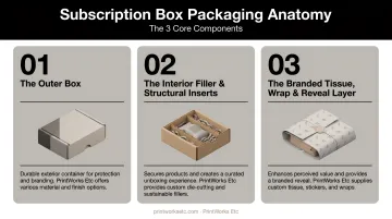 Infographic detailing the three core components of subscription box packaging anatomy