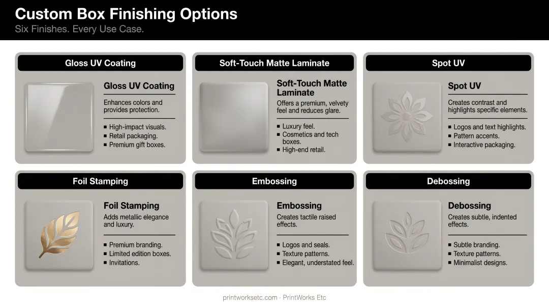 Six custom box finishing options comparison chart with use cases and visual examples