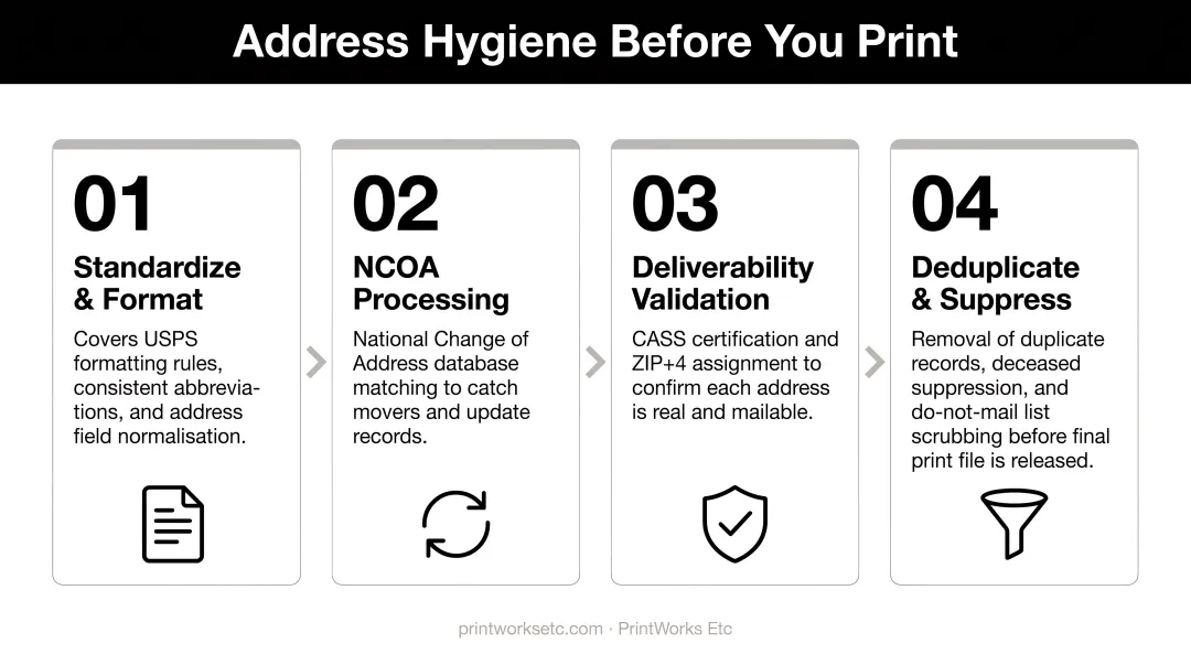 4-step direct mail address hygiene process before printing infographic