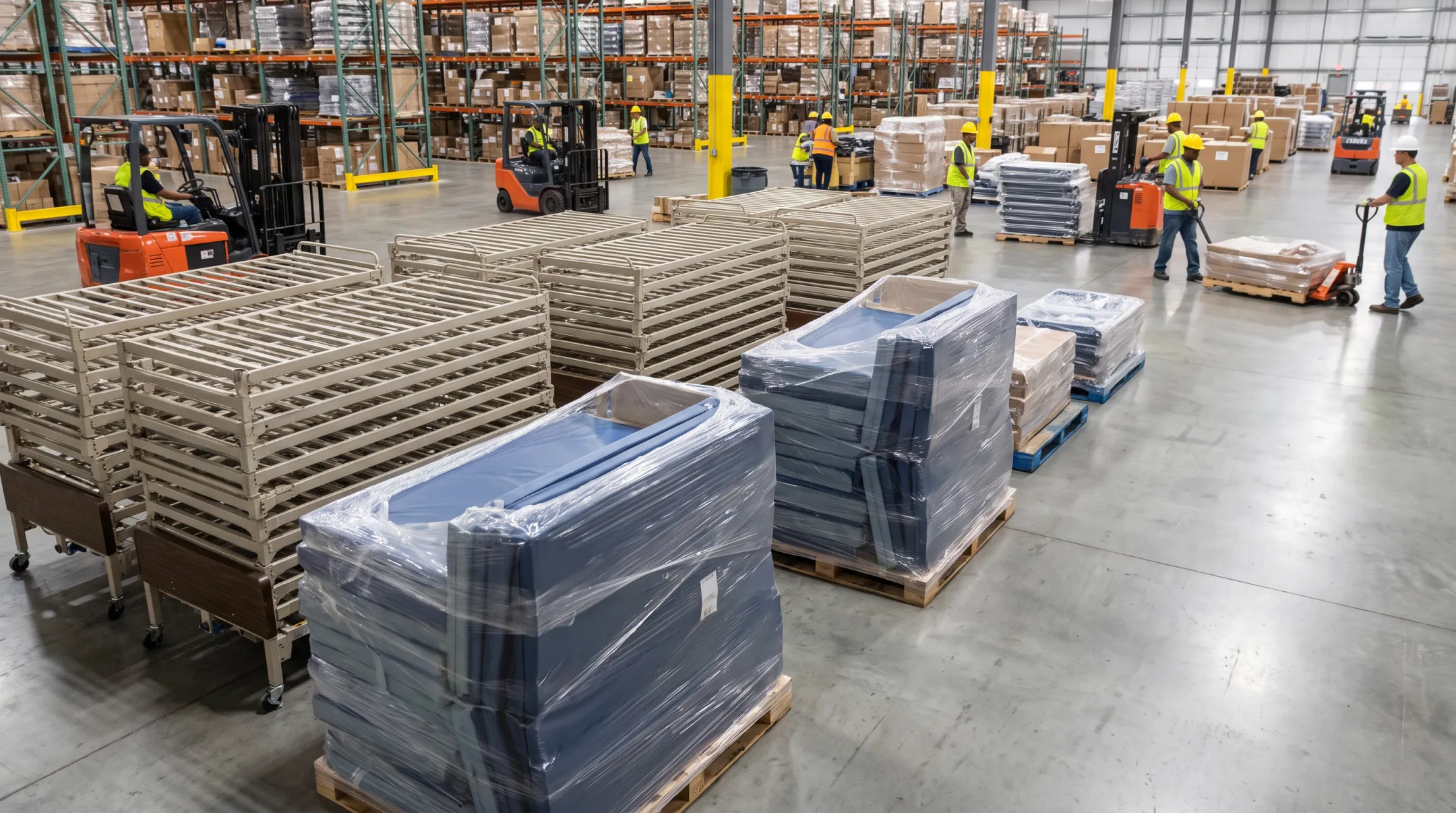 Company warehouse storing specialty hospital bed frames and support surfaces