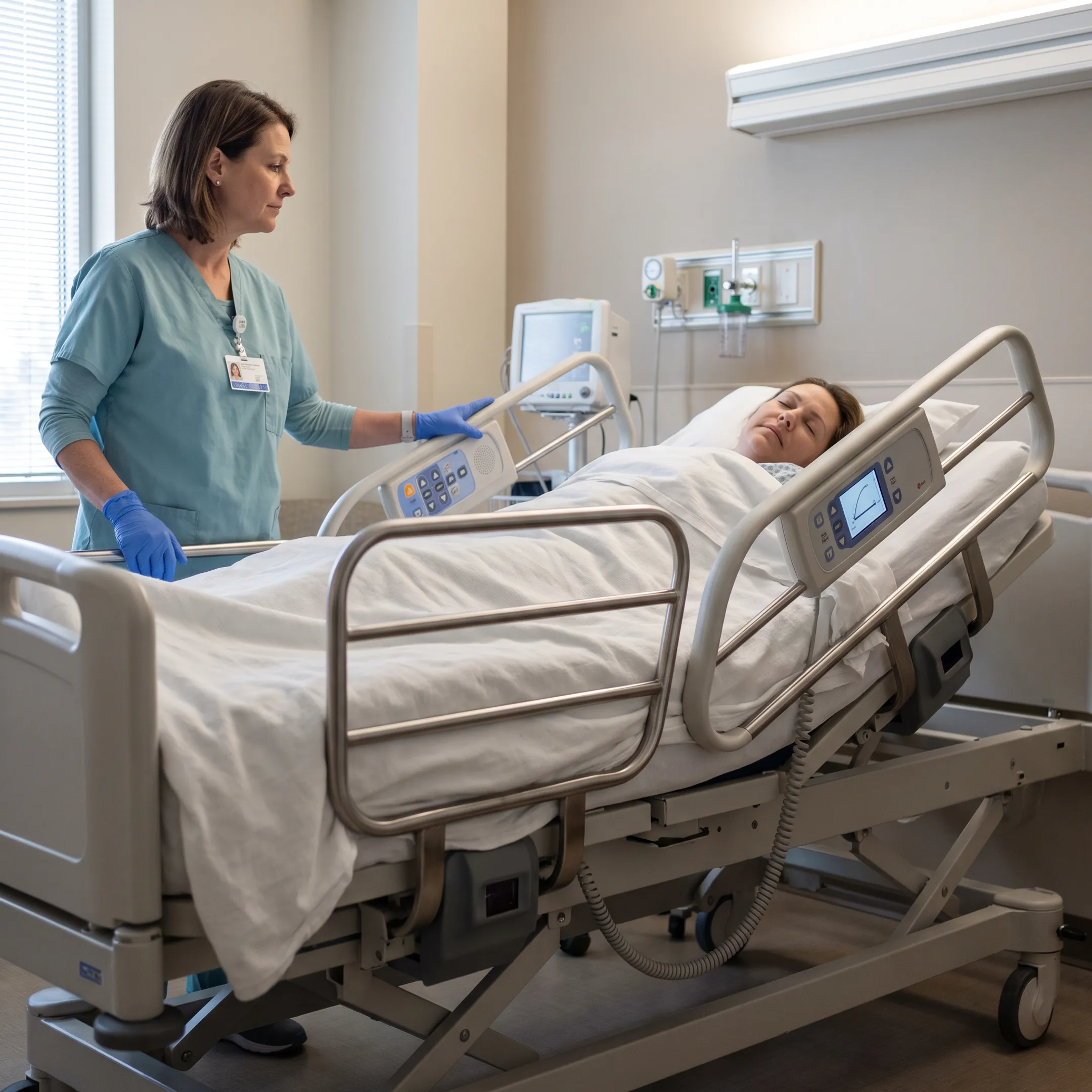 Caregiver using rotating hospital bed controls