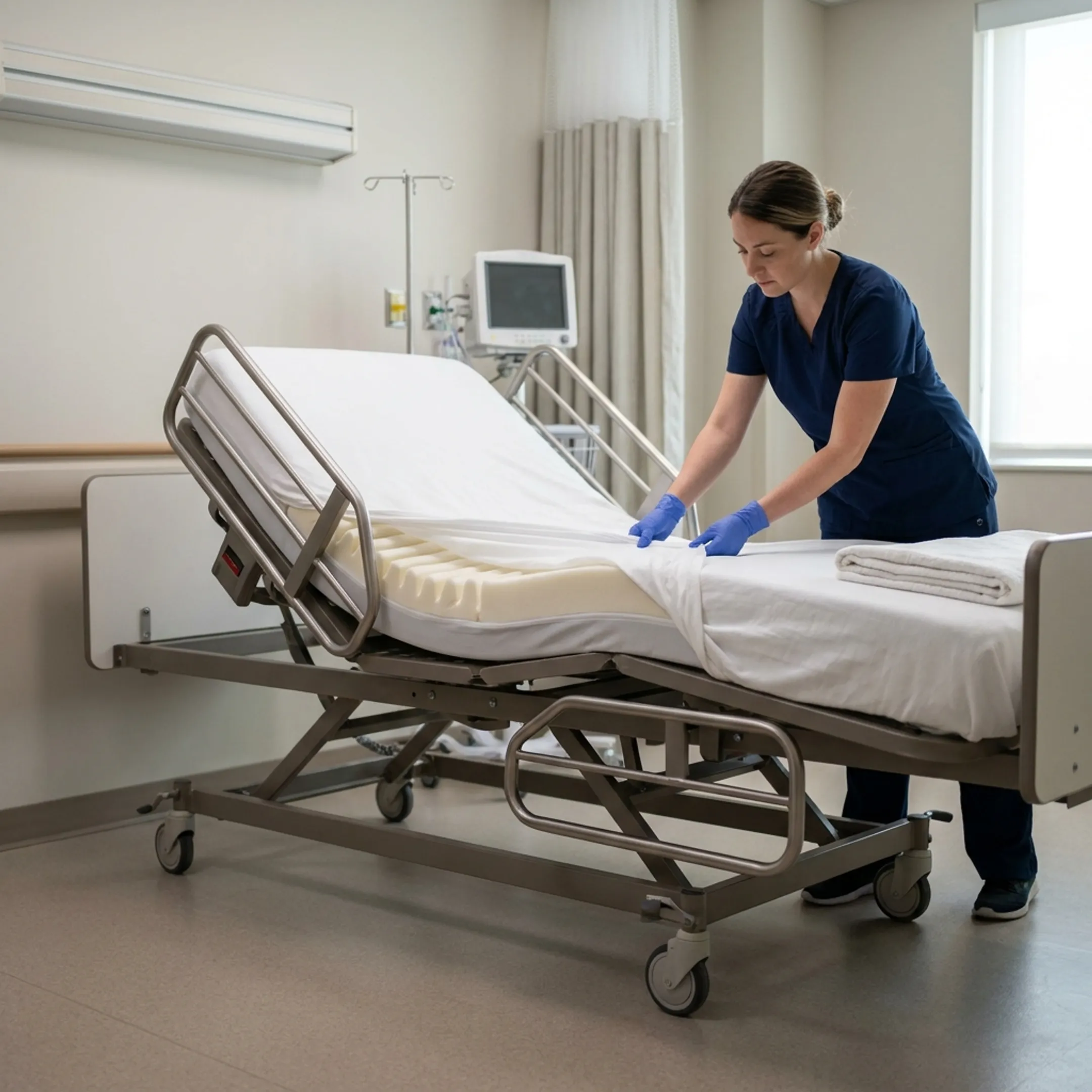 Foam mattress overlay positioned on a hospital bed in a healthcare setting