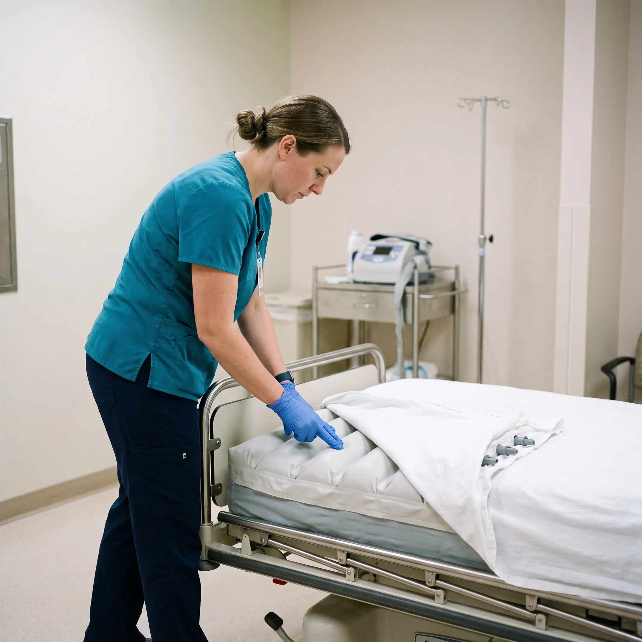 Caregiver inspecting a static air overlay on a hospital bed