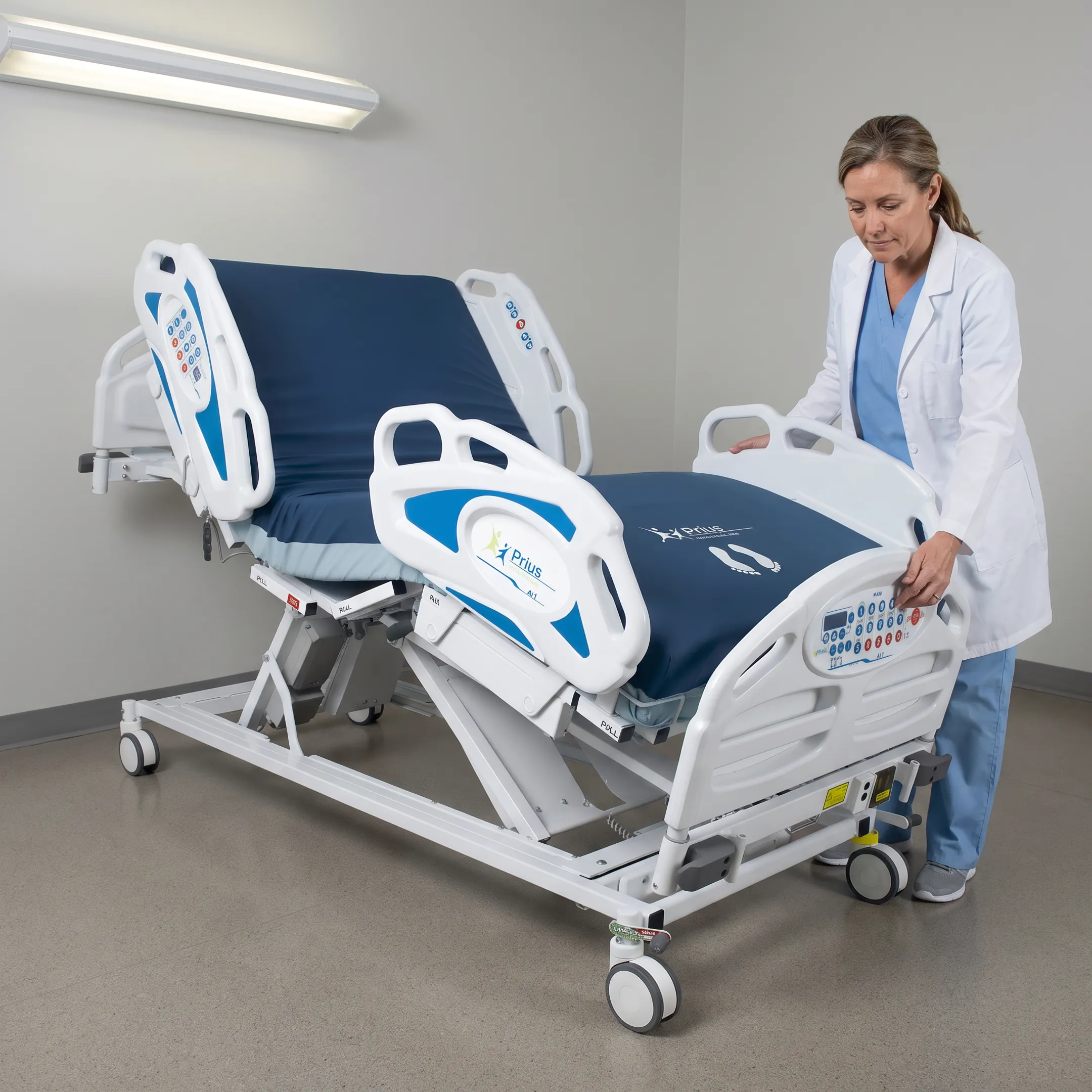 Caregiver adjusting a specialty hospital bed and therapeutic mattress