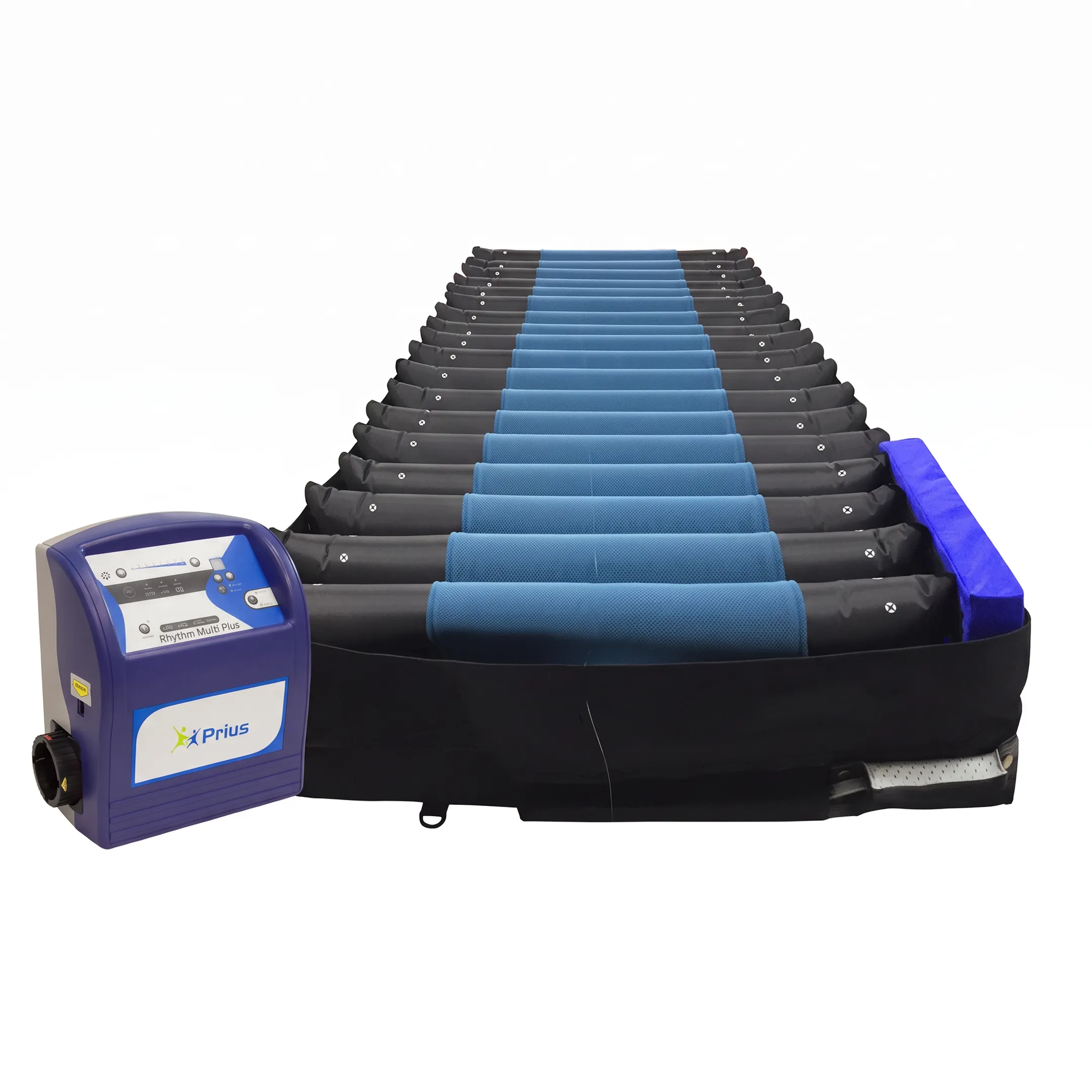 Static air mattress overlay positioned on a hospital bed in a healthcare setting