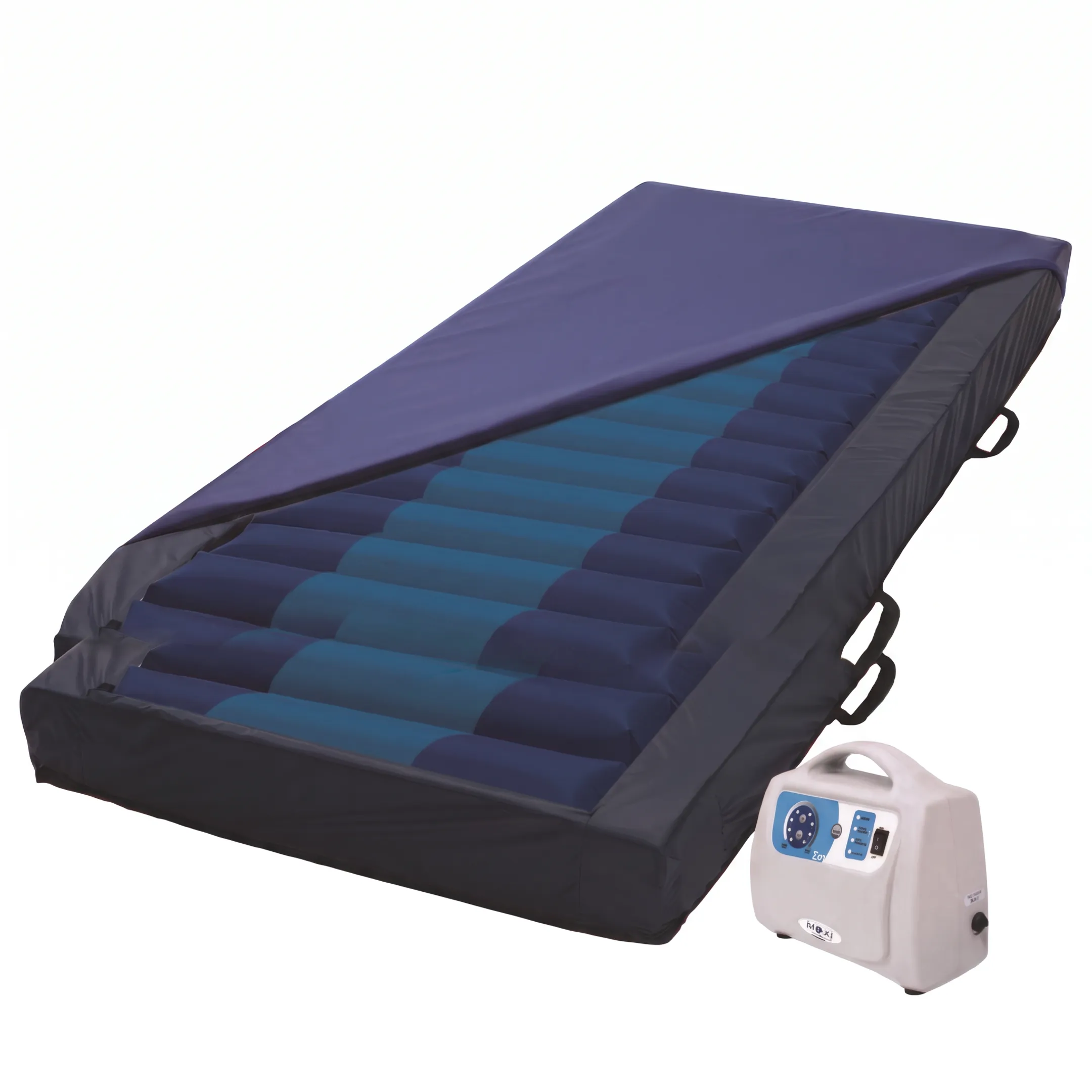 Alternating air pressure mattress overlay installed on a hospital bed