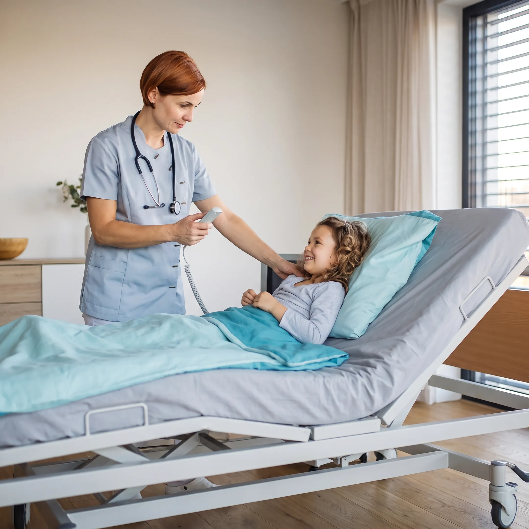 Caregiver adjusting a semi-electric hospital bed for patient comfort