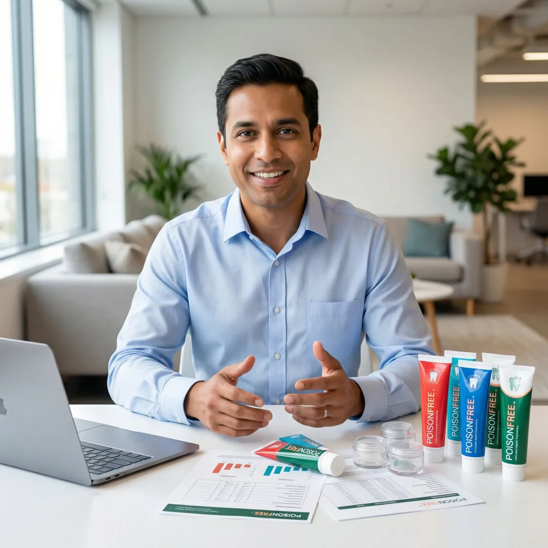 Entrepreneur reviewing toothpaste samples and product specifications with manufacturing consultant