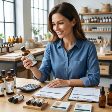 Entrepreneur reviewing product samples and packaging options