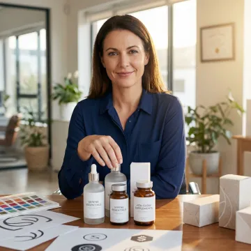 Entrepreneur reviewing private label product samples and packaging options