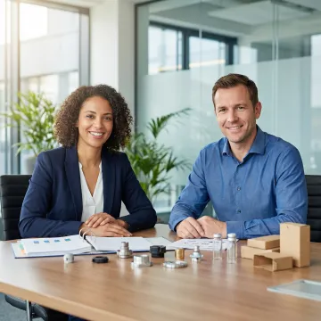 Entrepreneur reviewing product samples with manufacturing specialist in consultation