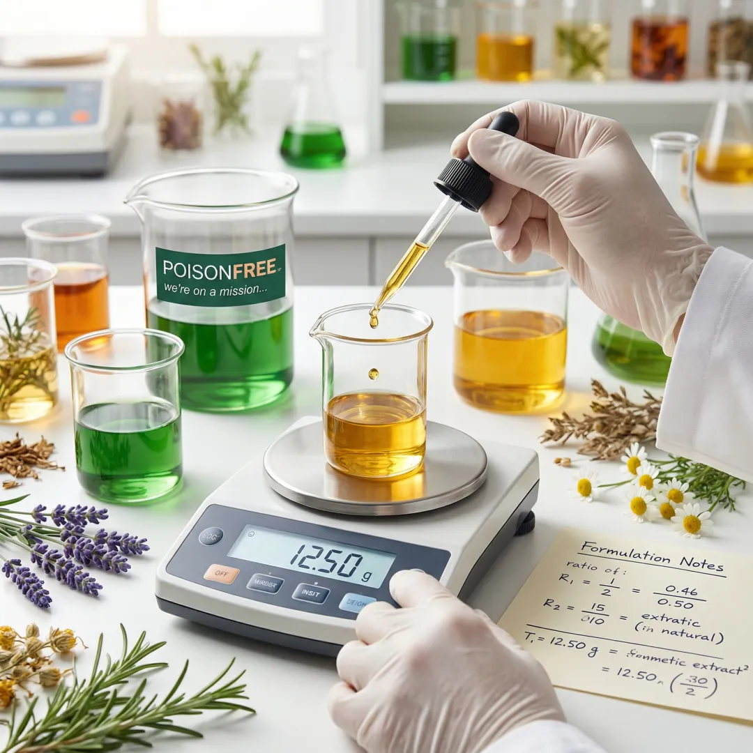 Natural cosmetic ingredients being measured and mixed in laboratory