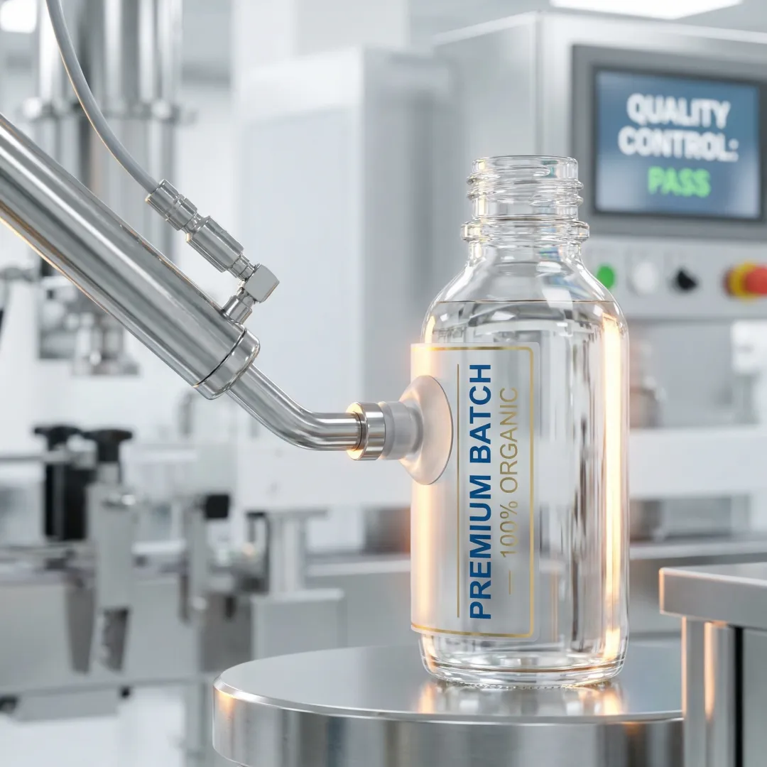 Worker applying custom labels to personal care product bottles in FDA compliant facility