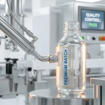 Worker applying custom labels to personal care product bottles in FDA compliant facility