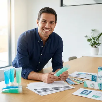 Entrepreneur reviewing gel toothpaste samples and manufacturing documentation