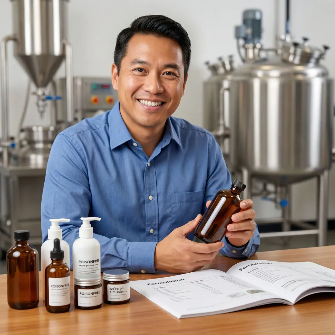 Entrepreneur reviewing product samples and formulations with manufacturing partner