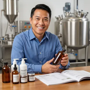 Entrepreneur reviewing product samples and formulations with manufacturing partner