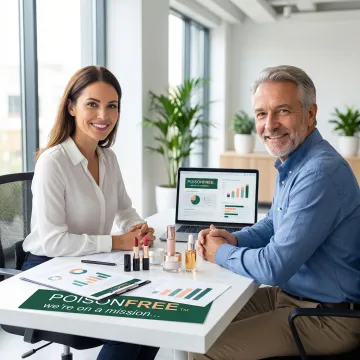 Entrepreneur reviewing white label product samples with manufacturing consultant in bright office