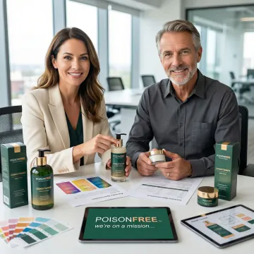 Entrepreneur reviewing conditioner samples and packaging options with manufacturing consultant