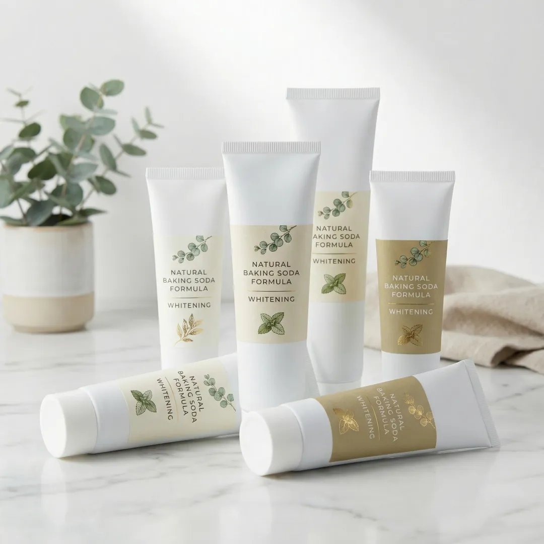 Natural baking soda toothpaste tubes with private label branding on clean background