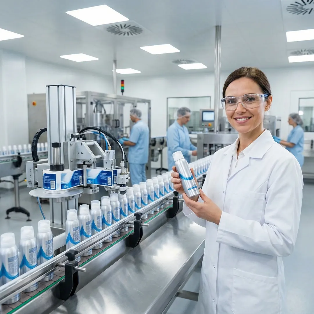 Rows of finished deodorant spray bottles on production line