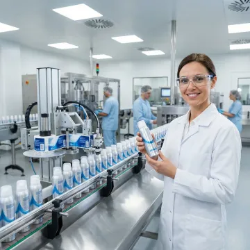 Rows of finished deodorant spray bottles on production line
