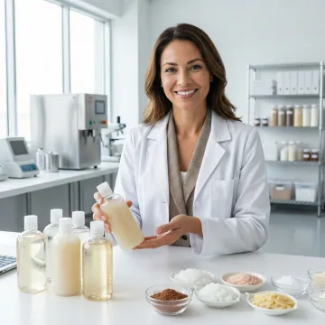 Entrepreneur reviewing natural shampoo formulation samples with manufacturing specialist