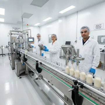Private label deodorant manufacturing facility with empty containers being filled