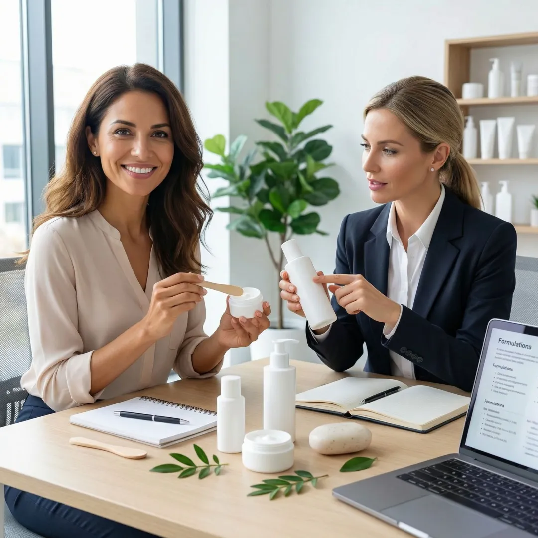 Small business owner reviewing natural beauty product samples with private label manufacturer
