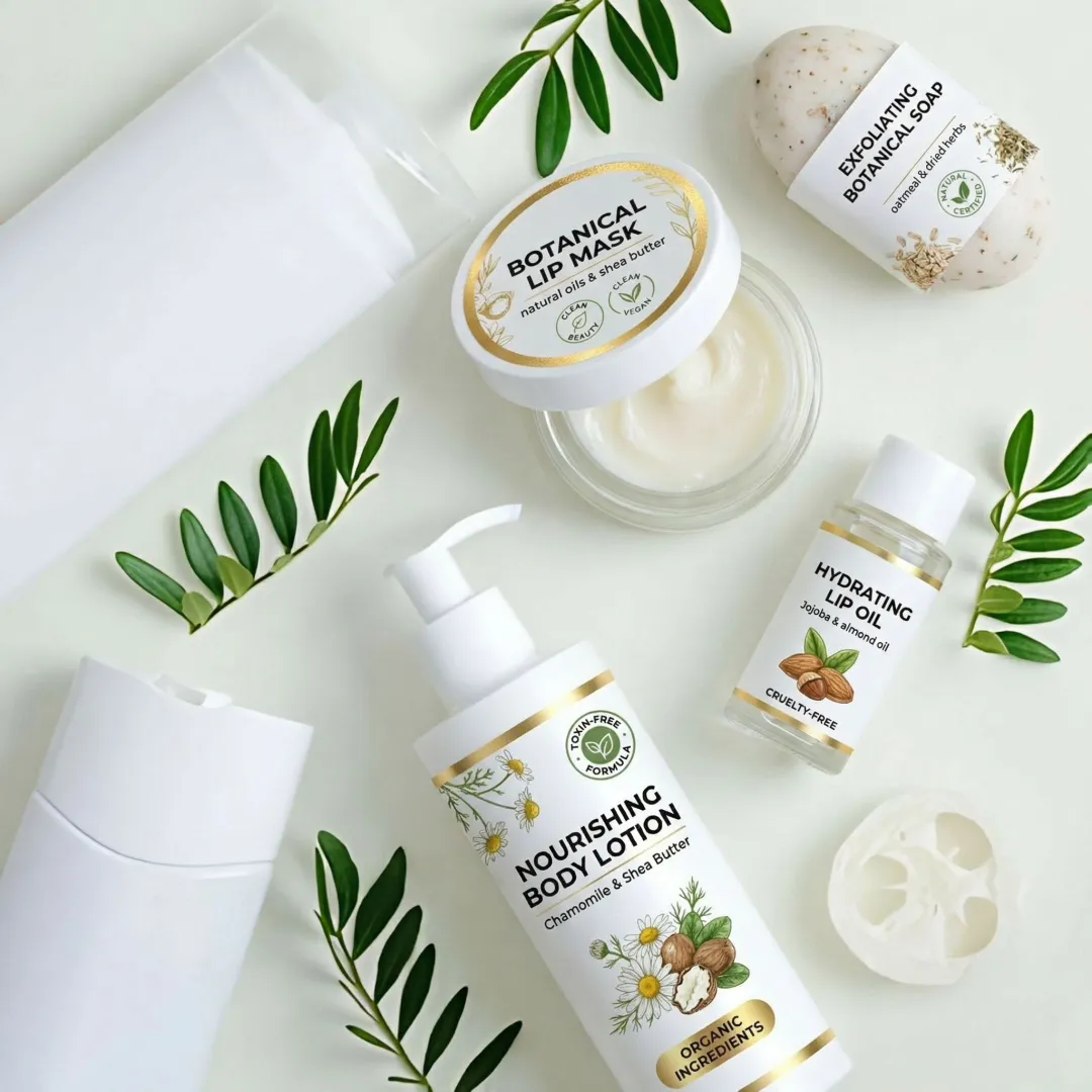 Array of natural lip balms and body care products in elegant private label packaging