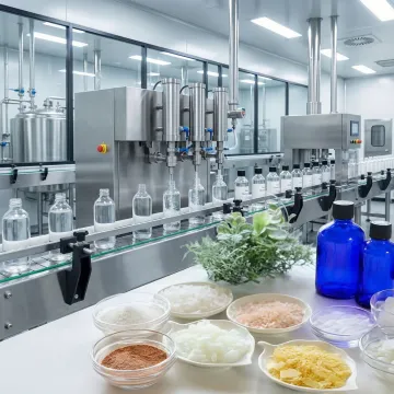 Natural shampoo ingredients and bottling production line