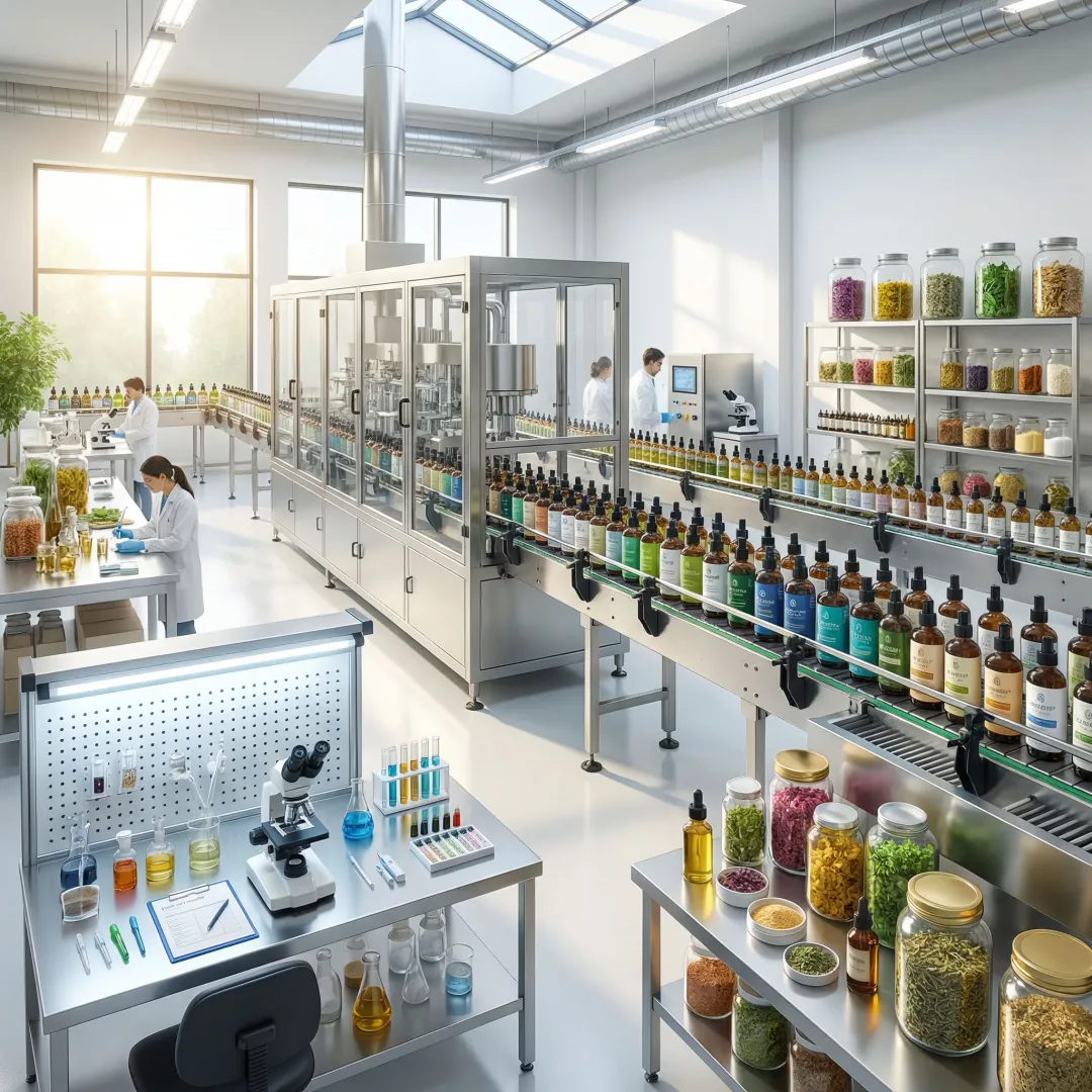 Modern private label manufacturing facility with product formulation and packaging equipment