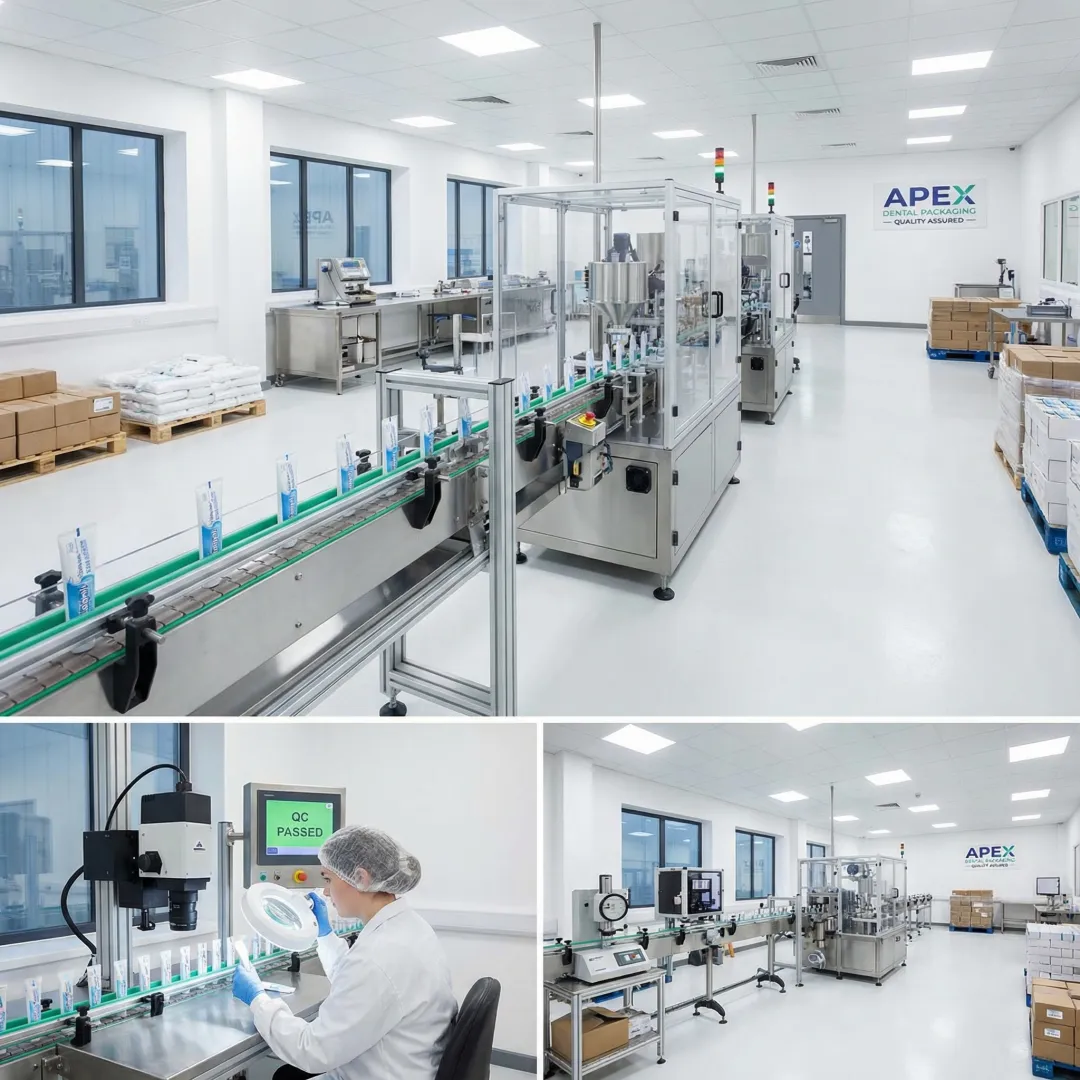Professional dental care product packaging line in FDA compliant manufacturing facility