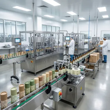 Natural deodorant sticks and spray bottles on production line